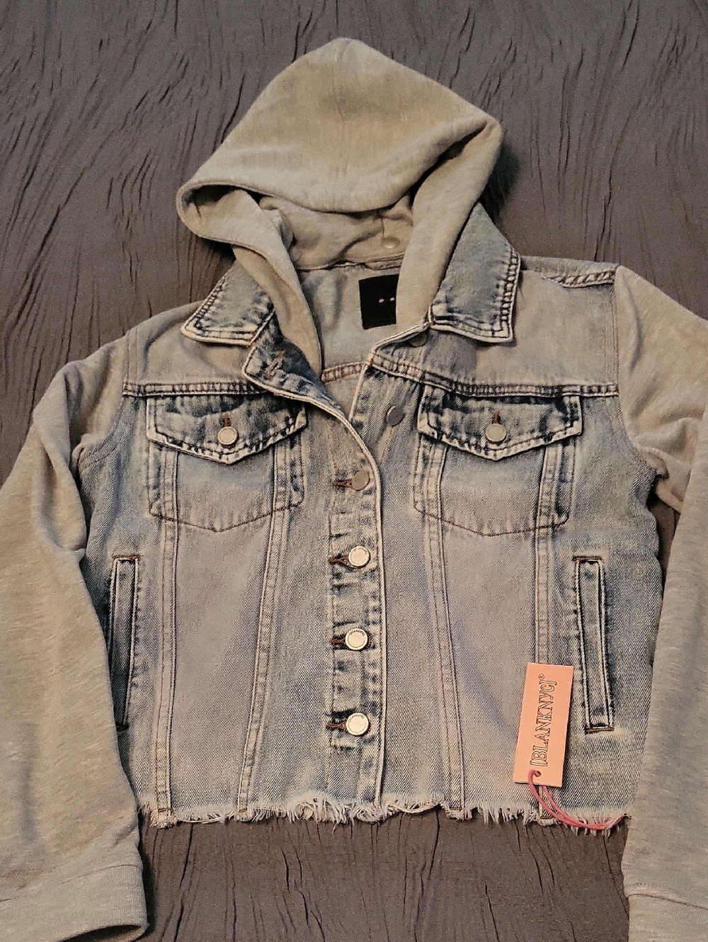 NWT BlankNYC Light Blue Cropped Denim Jacket Gray Removable Hood. Distressed